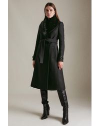 Karen Millen - Italian Wool Faux Fur Collared Belted Coat - Lyst