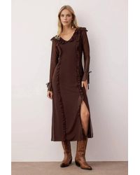 WOVCOR - Sheer Long Sleeve Ruffle Maxi Knit Dress W/ Side Slit - Lyst