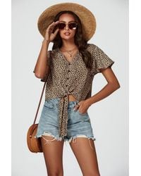 FS Collection - Leopard Print Tie Knot Front Buttoned Crop Top - Lyst