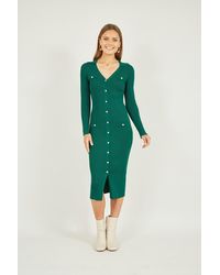 Mela - Green Knitted Fitted Midi Dress With Buttons - Lyst