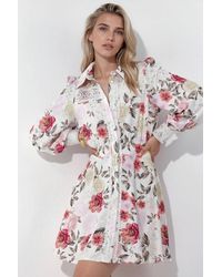 Msn-Collection - Floral Mini Shirt Dress With Lace Detail - Lyst