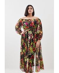 Karen Millen - Plus Size Floral Palm Bardot Belted Woven Beach Maxi Dress - Lyst