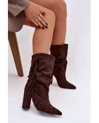 Love Lace - Boho Slip On Ankle Boots Soft Suede Column Heel Fringes - Lyst