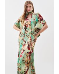 Karen Millen - Floral Satin Crepe Tie Neck Woven Maxi Dress - Lyst