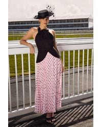 Coast - Lisa Tan Corsage Peplum Detail Spot Print Pleated Midi Dress - Lyst