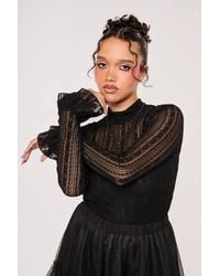 Hell Bunny - Maude Floral Lace Mesh High Neck Frill Sleeve Top - Lyst