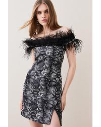 Karen Millen - Snake Jacquard Feather Bardot Mini Dress - Lyst
