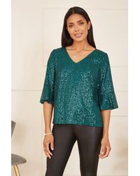 Yumi' - Green Sequin Top With Fluted Sleeve - Lyst