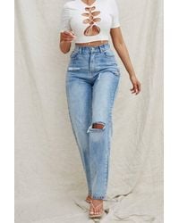 Femme Luxe - Light Wash High Waisted Ripped Straight Leg Jeans - Lyst
