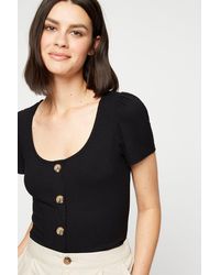 Dorothy Perkins - Black Ribbed Button Through Puff Sleeve Top - Lyst