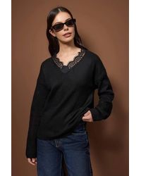 WOVCOR - Soft Texture V-Neck Lace Detail Knit Jumper - Lyst