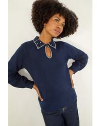 Roman - Faux Pearl Collared Keyhole Knit Jumper - Lyst