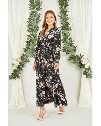 Yumi' - Blossom Floral Print Ruched Long Sleeves Midi Dress In Black - Lyst