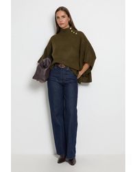 Wallis - Button Detail Chunky Knit High Neck Poncho Jumper - Lyst