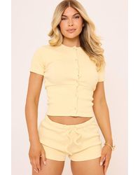 EGO - Fitted Short Sleeve Button Up Crew Neck Ribbed Top - Lyst