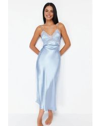 WOVCOR - Lace Trim V-Neck Satin Strappy Midi Nightdress - Lyst