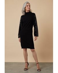 Wallis - Sequin Sleeve Black High Neck Knitted Dress - Lyst