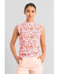Enorsia - Floral Printed Smocked Hem Frill Top - Lyst