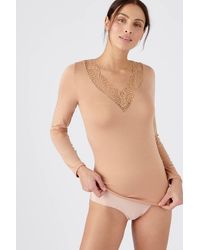 DAMART - Toasty Thermal Long Sleeve Top With A Lace Trim V-Neck - Lyst