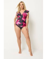 Yours - Floral Frill Sleeve Swimsuit - Lyst