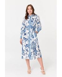 Izabel London - Floral Print Tie Belt Midi Shirt Dress - Lyst