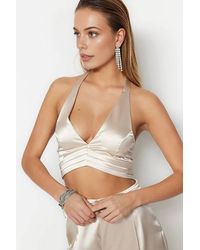 WOVCOR - Plunge Halter Satin Ruched Crop Bustier Top - Lyst
