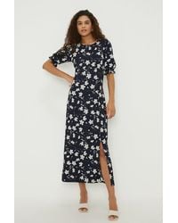 Dorothy Perkins - Tall Navy Floral Shirred Cuff Side Split Midi Dress - Lyst