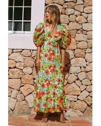 Warehouse - Poppy Floral Print Puff Sleeve V Neck Dress - Lyst