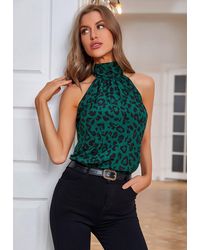 FS Collection - Black Leopard Print Halter Neck Tie Back Top In Green - Lyst