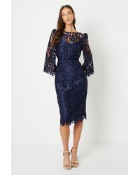 Coast - Satin Lace Boat Neck Midi Dress With Fluted Sleeve - Lyst