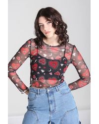 Hell Bunny - Kate Heart & Star Print Mesh Top With Lettuce Hem & Cuff Detail - Lyst