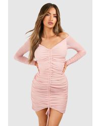 Boohoo - Off The Shoulder Rouched Mesh Mini Dress - Lyst