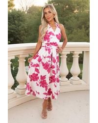 AX Paris - Cream Floral Print Tie Halter Neck Midi Dress - Lyst