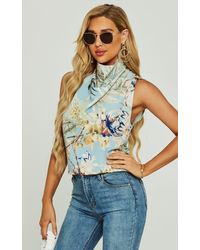FS Collection - Floral Print High Neck Sleeveless Blouse In Blue - Lyst