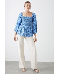Dorothy Perkins - Tall Blue Ditsy Shirred Bodice Long Sleeve Top - Lyst