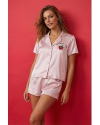 WOVCOR - Strawberry Embroidered Satin Short Sleeve Pyjama Set - Lyst