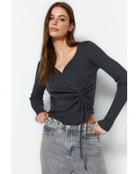 WOVCOR - Wrap Ribbed Knit Sweater With Ruched Side Detail - Lyst