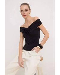 WOVCOR - Floral Detail Bardot Ruched Blouse Top - Lyst