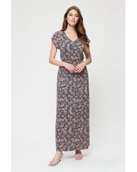 Dorothy Perkins - Tall Navy Base Pink Floral Roll Sleeve Maxi - Lyst