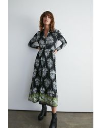 Warehouse - Petite Pleated Floral Border Print Zip Collar Midi Dress - Lyst