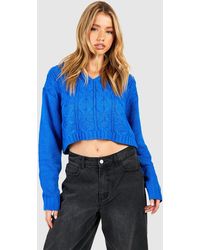 Boohoo - Cable Knit Hooded Crop Jumper - Lyst