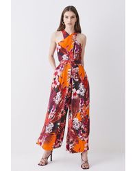 Karen Millen - Petite Tropical Floral Premium Linen Viscose Halter Woven Jumpsuit - Lyst