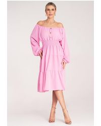 Love Lace - Ruched Midi Dress Spanish Neck Elastic Waist - Lyst
