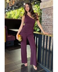 AX Paris - Dark One Shoulder Draped Waist Jumpsuit - Lyst