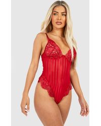Boohoo - Crotchless Eyelash Lace And Stripe Mesh One Piece - Lyst