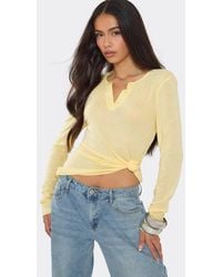 EGO - Long Sleeve Button Up V-Neck Knotted Tie Sheer Top - Lyst