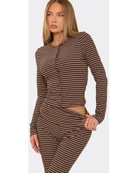 EGO - Long Sleeve Button Up Round Neck Striped Top - Lyst