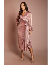 Coast - Metallic Blouson Sleeve Tie Wrap Pleated Midi Dress - Lyst