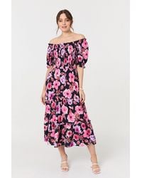Izabel London - Floral Puff Sleeve Bardot Midi Dress - Lyst