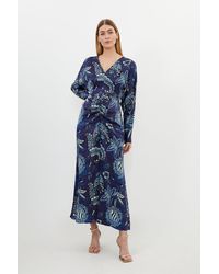 Karen Millen - Floral Print Viscose Satin Batwing Long Sleeve Midi Dress - Lyst